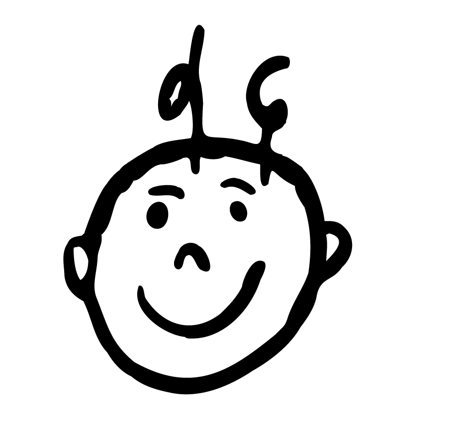 Einfache, fröhliche Baby-Illustration mit großen Augen und Lächeln.