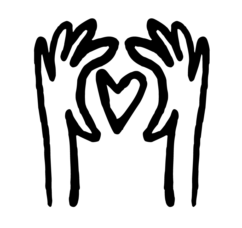 Illustration zweier Hände, die ein Herz formen, in einfachem, liebevollen Stil.